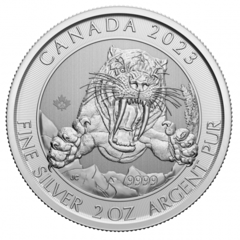 2 Ounce Silver Canadian Ice Age Smilodon Sabre-Tooth Cat